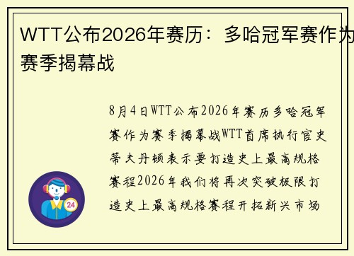 WTT公布2026年赛历：多哈冠军赛作为赛季揭幕战